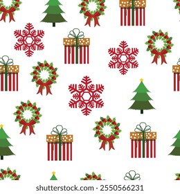 Un patrón de Navidades sin fisuras que muestra coronas festivas, copos de nieve rojos, cajas de regalo decoradas y árboles de Navidad verdes sobre un fondo blanco. Ideal para tarjetas de vacaciones, envolturas de regalo y diseños de temporada