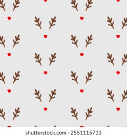 Seamless Christmas pattern showcasing reindeer antlers, red noses on a gray background