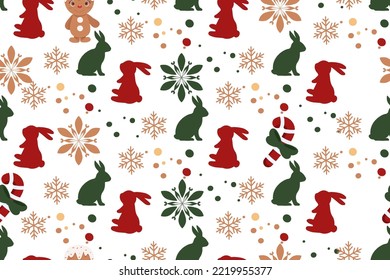 Seamless Christmas pattern silhouettes of a hare and snowflakes in green and red colors. Design for Christmas and New Year cards. Printing on paper and fabric
