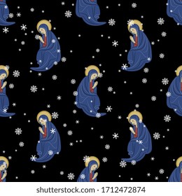 Seamless Christmas pattern with silhouettes of Virgin Mary and snowflakes.