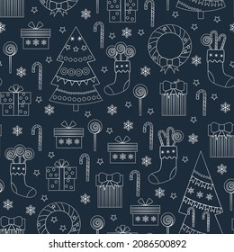 Nahtlose Weihnachtsmuster. Silber auf Blau. Line Art Stil. Vektorgrafik