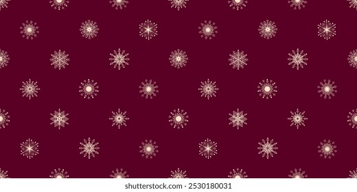 Padrão de Natal perfeito. Ornamento simples com flocos de neve claros sobre um fundo vermelho escuro