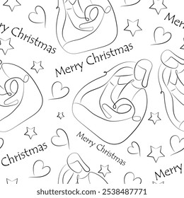 seamless christmas pattern of simple vartep icons drawn in line art style on white background, for various posters, cards or banners