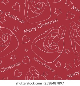 seamless christmas pattern of simple vartep icons drawn in line art style on red background, for various posters, cards or banners