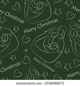 seamless christmas pattern of simple vartep icons drawn in line art style on green background, for various posters, cards or banners