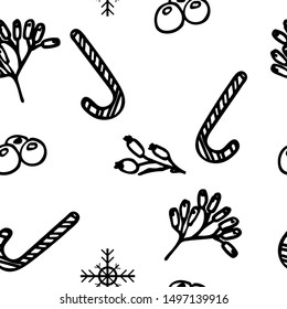 Seamless christmas pattern. Sketch of caramel sticks, branches with berries and snowflakes. Hand-drawn vector illustration. Festive design