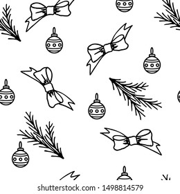 Seamless christmas pattern. Sketch Christmas decorations, drawn vector illustration. Festive design