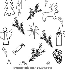 Seamless christmas pattern. Sketch with a deer, angel, hand drawn vector illustration. Festive design