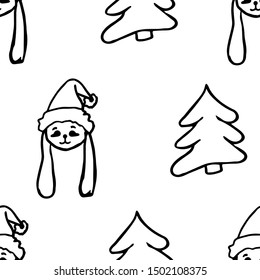 Seamless christmas pattern. Sketch of the face of a hare and a Christmas tree on a white isolated background. Hand drawn vector illustration. Festive design