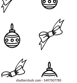 Seamless christmas pattern. Sketch of a gift bow and Christmas tree toy. Hand drawn vector illustration. Festive design