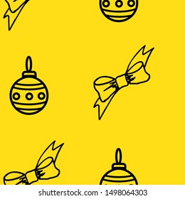 Seamless christmas pattern. Sketch of a gift bow and Christmas tree toy on a bright yellow background. Hand drawn vector illustration. Festive design
