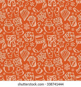 Seamless christmas pattern with sketch holidays symbols.