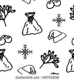 Seamless christmas pattern. Sketch sack, branches with berries and a Santa hat. Hand drawn vector illustration. Festive design