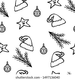 Seamless christmas pattern. Sketch Santa hat and stars, drawn vector illustration. Festive design