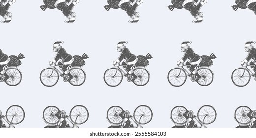 Seamless christmas pattern of sketch Santa Claus with gifts bag riding bicycle in rows, hand drawn vector background, paper, wallpaper, wrapping