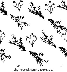 Seamless christmas pattern. Sketch with spruce branch and a branch of hawthorn berries, drawn vector illustration. Festive design