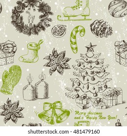 Seamless Christmas pattern in sketch style. Vector illustration for your design