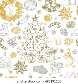 Seamless Christmas pattern in sketch style. Vector illustration for your design