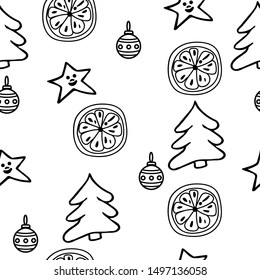 Seamless christmas pattern. Sketch Christmas tree, orange slice and stars, hand drawn vector illustration. Festive design