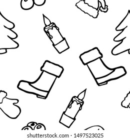 Seamless christmas pattern. Sketch of a Christmas tree, boots and a Santa hat. Hand drawn vector illustration. Festive design