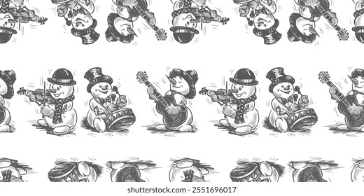 Seamless christmas pattern of sketches cheerful snowmen musicians, hand drawn vector background, paper, wallpaper, wrapping