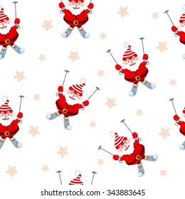 Seamless Christmas pattern with skiing cute Santa Claus characters