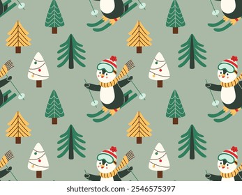 Seamless Christmas pattern with skiing penguins, decorated trees, and snow in flat style. Ideal for holiday wrapping paper, fabric, and winter-themed projects.