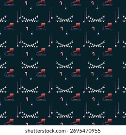 Seamless Christmas Pattern with Sleighs, String Lights, and Ornaments on Dark Background.