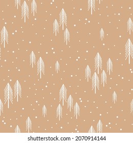 Seamless Christmas pattern. small white Christmas trees and snow on a beige background. vector texture. retro print for textiles and packaging.