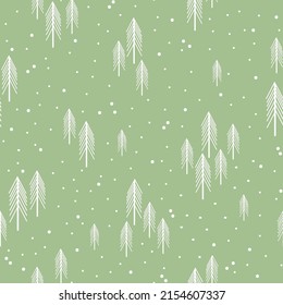 Seamless Christmas pattern. small white Christmas trees and snow on a light green background. vector texture. trend print for textiles, wallpaper and packaging.