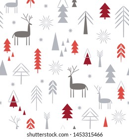 seamless Christmas pattern. Christmas deer? snoflakes, forest, trees, white 