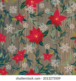 seamless christmas pattern with snoflakes, poinsettia and wood texture, vector dessign for paper, fabric and other surfaces