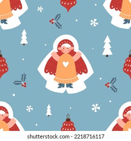 Patrón de Navidad sin inconvenientes con ángel de nieve. Papel de invierno festivo sobre fondo azul. Antecedentes de los textiles para el hogar. Patrón vectorial con estilo dibujado a mano.