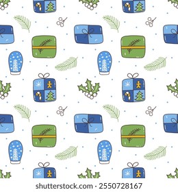 Seamless Christmas pattern with snow blue glass ball, gift box, spruce twig and holly berry. Snowing. Colorful vector illustration hand drawn doodle. Festive winter season print, New Year holiday