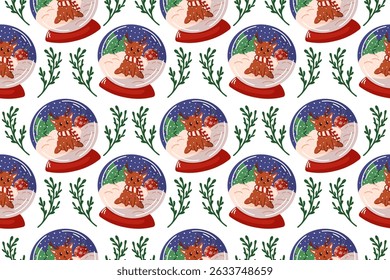 Seamless Christmas pattern with snow globe featuring cute reindeer, snowflakes, trees ornament and greenery on white background. Perfect for winter holiday, packaging decor and festive design.