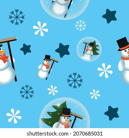 Seamless Christmas pattern with snow globes, snowmen, snowflakes and ice crystals. vector