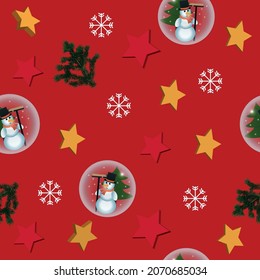 Seamless Christmas pattern with snow globes, stars and fir branch. vector