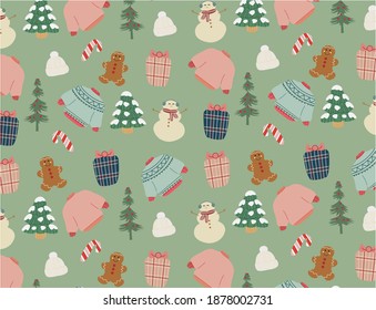 Patrón de navidad sin foco con hombre de nieve, suéter, galleta jengibre, presente y árbol de abetos. Ilustración del vector 