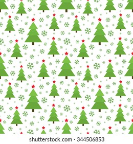 Seamless Christmas Pattern. Seamless snowflake and fir Pattern. New year background. Winter holiday pattern of green pine tree with star. Geometric Pattern. Abstract Background. Vector Regular Texture