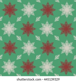 Seamless christmas pattern of snowflake on green background.