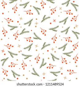Seamless Christmas pattern with snowflakes and berries, spruce branches.