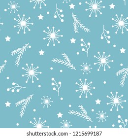 Seamless Christmas pattern with snowflakes and berries, spruce branches.