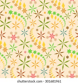 Seamless christmas pattern. Snowflakes, crystals on soft yellow, gold background. Colored star silhouettes. Winter theme baby texture. Vector illustration.