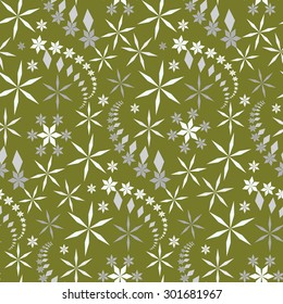 Seamless christmas pattern. Snowflakes, crystals on olive, green background. Light gray star silhouettes. Winter theme texture. Vector illustration.