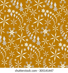 Seamless christmas pattern. Snowflakes, crystals on yellow, gold background. Colored star silhouettes. Winter theme texture. Vector illustration.