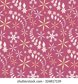 Seamless christmas pattern. Snowflakes, crystals on pastel rose background. Gray star silhouettes. Winter, holiday, sale, ice cream, sweets wrapper texture. Vector