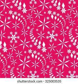 Seamless christmas pattern. Snowflakes, crystals on magenta, pink background. Gray star silhouettes. Winter, holiday, sale, ice cream, sweets wrapper texture. Vector