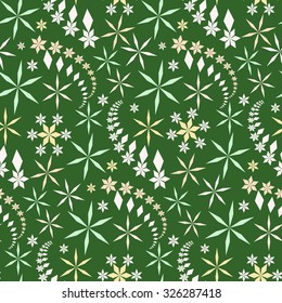 Seamless christmas pattern. Snowflakes, crystals on green background. Gray star silhouettes. Winter, holiday, sale, ice cream, sweets wrapper texture. Vector