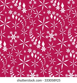 Seamless christmas pattern. Snowflakes, crystals on magenta, pink background. Gray star silhouettes. Winter, holiday, sale, ice cream, sweets wrapper texture. Vector