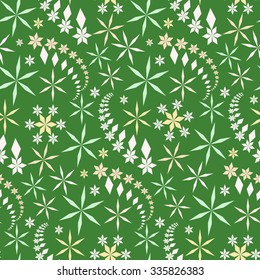 Seamless christmas pattern. Snowflakes, crystals on green background. Silver star silhouettes. Winter, holiday, sale, ice cream, sweets wrapper texture. Vector